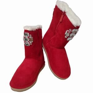 JOAN JOYCE Red Suede Boots Size 8 Embellished Cabin Core Holidays Comfy Fleece